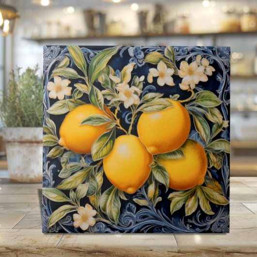 Botanische Zitronen Navy Fliese