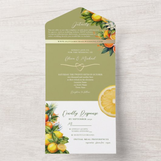 Botanische Zitrushochzeit All In One Einladung (Innen Boden)