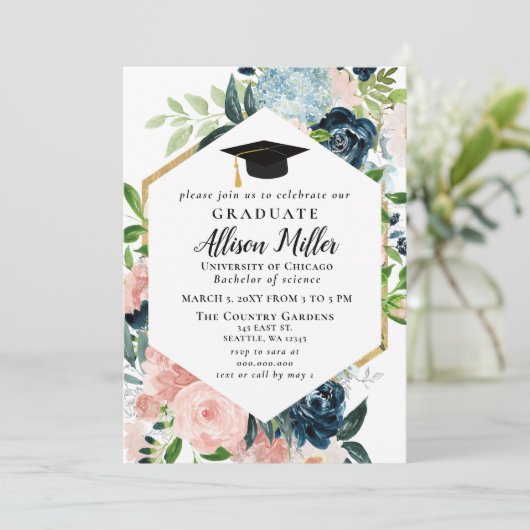 Botanischer Abschluss der Rustikalen Navy Blush Einladung (Stehend Vorderseite)