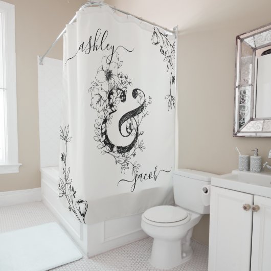Botanischer Ampersand Monogram, Modernes Script Bl Duschvorhang (Beispiel)