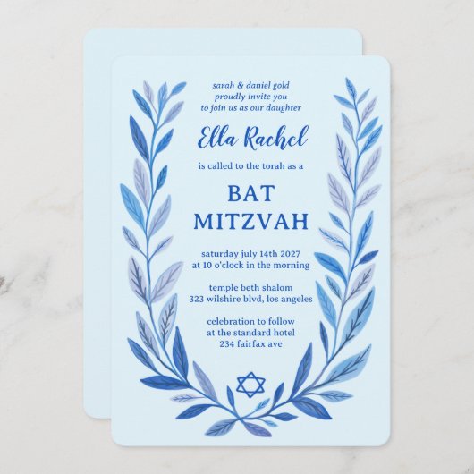 Botanischer Aquarellstern von David Bar Bat Mitzva Einladung (Vorne/Hinten)