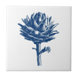 Botanischer Artichoke Print, Indigoblau und Weiß Fliese