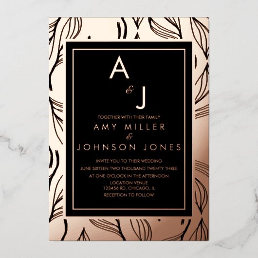 Botanischer Blattleaf, bestickt mit Hochzeit Folieneinladung (Vorderseite)