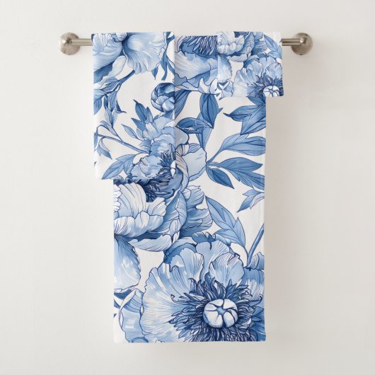 Botanischer Blauer Blumenstrauß Jugendstil Porzell Badhandtuch Set (Insitu)