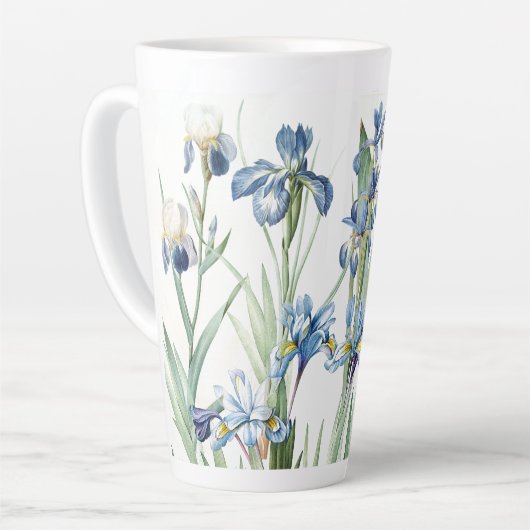 Botanischer Blauer Iris Blume Redoute Latte Tasse (Linke Ecke)