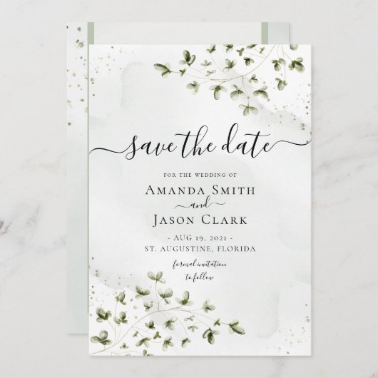 Botanischer Blumenblätterturm rustikal mit Foto Save The Date (Vorne/Hinten)