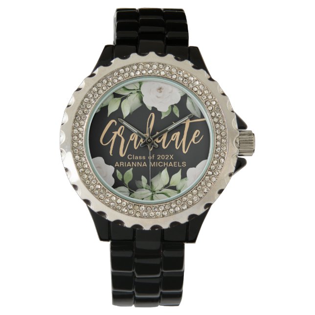 Botanischer Blumengraduate Script Abschluss Black Armbanduhr (Vorderseite)