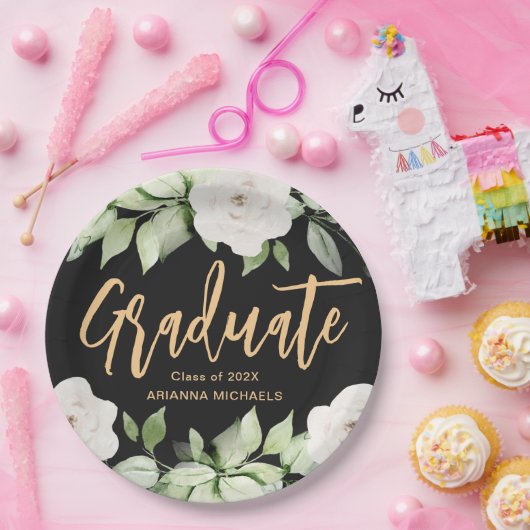 Botanischer Blumengraduate Script Abschluss Black Pappteller (Party)