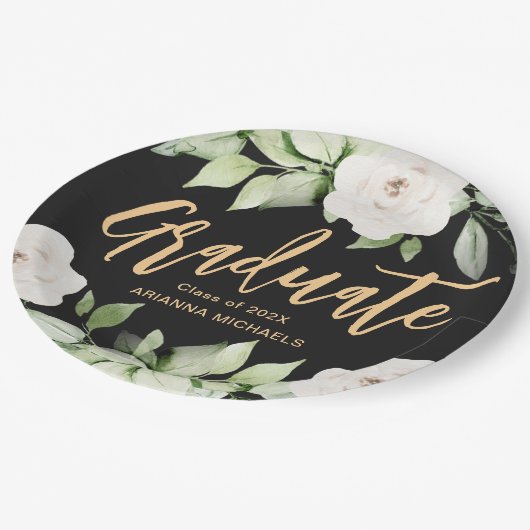 Botanischer Blumengraduate Script Abschluss Black Pappteller (Schrägansicht)