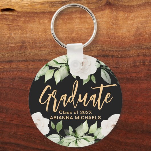 Botanischer Blumengraduate Script Abschluss Black Schlüsselanhänger (Vorderseite)