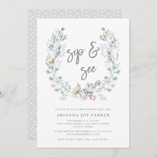 Botanischer Blumenstrauß| Sip and See Einladung (Vorne/Hinten)