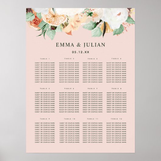 Botanischer Boho Blush Pink Hochzeitsdiagramm Poster (Vorne)