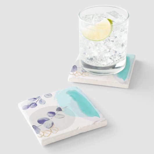 Botanischer Boho Cyan Lila Steinuntersetzer (Seitenansicht)