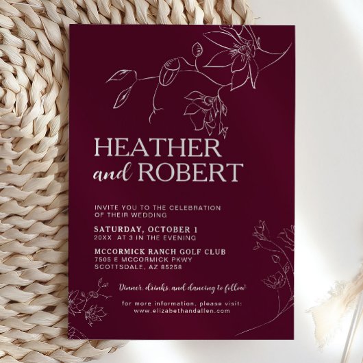 Botanischer Boho Einfache Hochzeit in Burgund Einladung