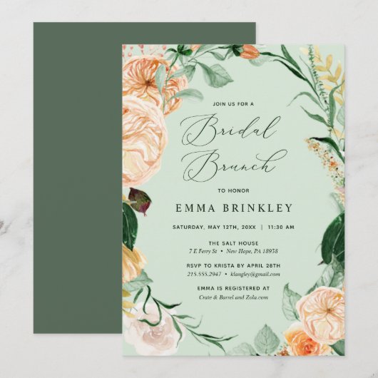 Botanischer Boho Floral Sage Green Bridal Brunch Einladung (Vorne/Hinten)