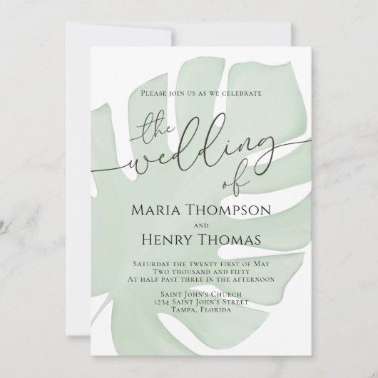 Botanischer Boho Foliage Green Palm Leaf Wasserfar Einladung (Vorderseite)