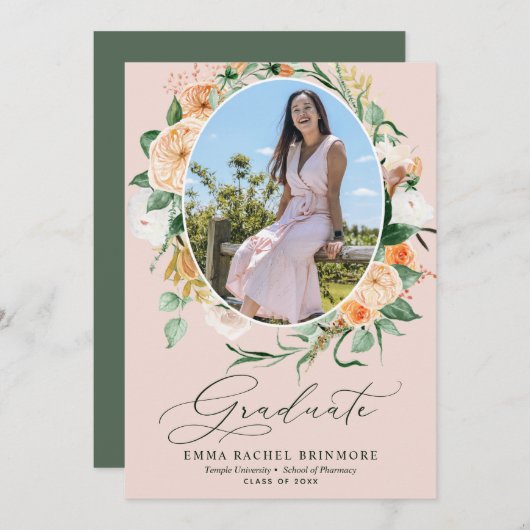 Botanischer Boho Pink Foto Abschluss Ankündigung (Vorne/Hinten)