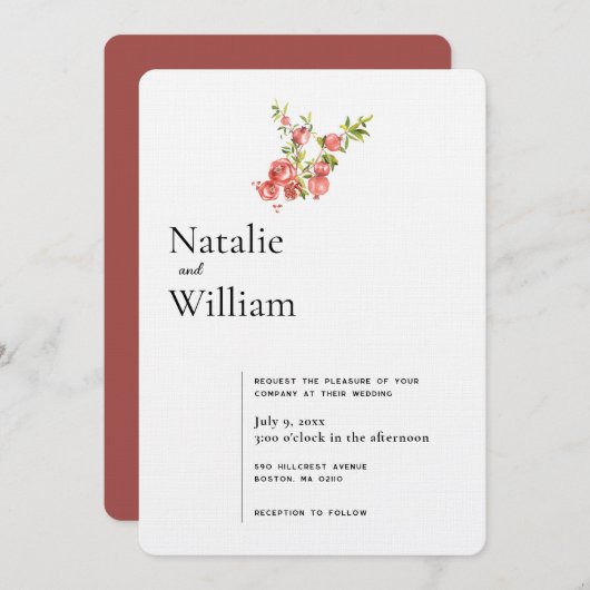 Botanischer Boho Pomegranat | Hochzeit Einladung (Vorne/Hinten)