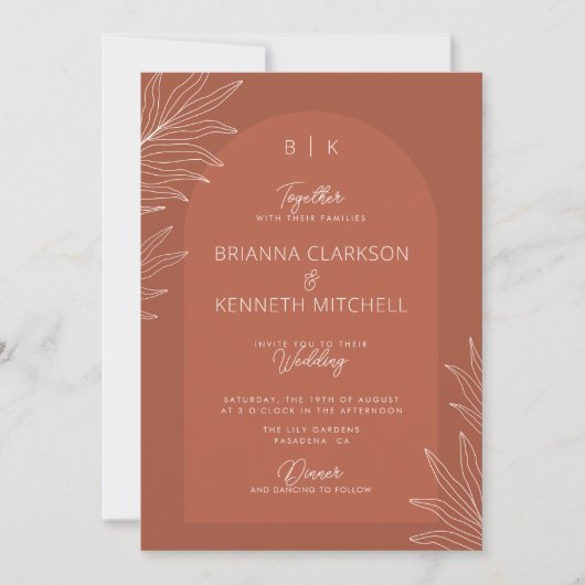 Botanischer Boho Terracotta mit Arch Foto Hochzeit Einladung (Vorderseite)