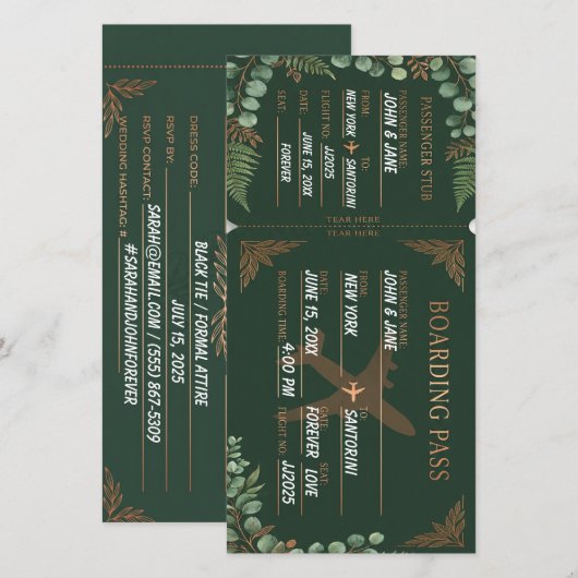 Botanischer Bordpass Waldgrün & Kupfer  Save The Date (Vorne/Hinten)