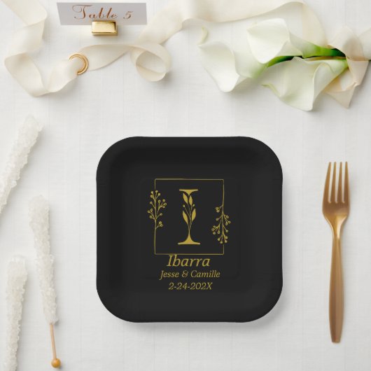 Botanischer Brief aus Schwarz und Gold I Pappteller (Hochzeit)