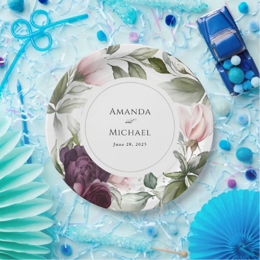 Botanischer Charme-Hochzeit in Rosa und Pflaume Pappteller (Party)