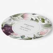 Botanischer Charme-Hochzeit in Rosa und Pflaume Pappteller (Schrägansicht)