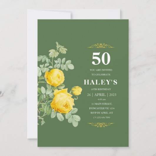 Botanischer Chic Gelb & Grüne Blüte 50. Geburtstag Einladung (Vorderseite)