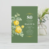 Botanischer Chic Gelb & Grüne Blüte 80. Geburtstag Einladung (Stehend Vorderseite)