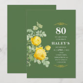 Botanischer Chic Gelb & Grüne Blüte 80. Geburtstag Einladung (Vorne/Hinten)