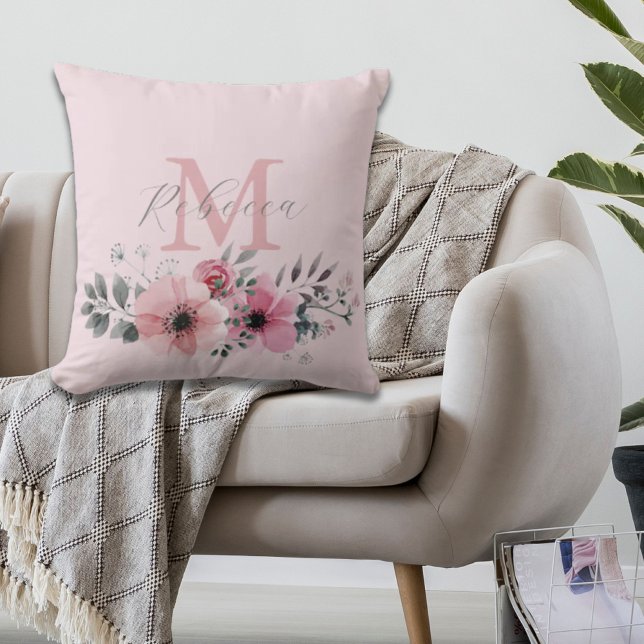 Botanischer Chic Rosa Aquarellblüte Kissen (Botanical chic blush pink watercolor floral throw pillow)