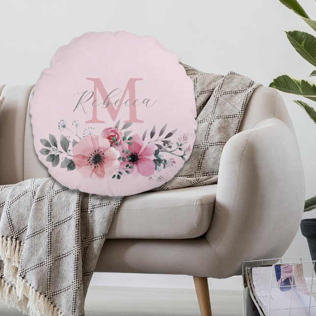 Botanischer Chic Rosa Aquarellblüte Rundes Kissen (Botanical chic blush pink watercolor floral round pillow)