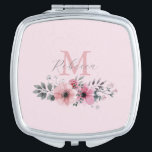 Botanischer Chic Rosa Aquarellblüte Taschenspiegel<br><div class="desc">Botanischer Chic florale elegante Pflanze Blattgrau blütenrosa Blume Mongramm Kompaktspiegel</div>