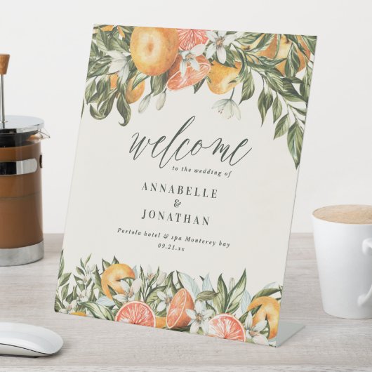 Botanischer Citrus orange moderner rustikaler Empf Sockelschild (In Situ)