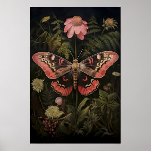 Botanischer Druck Rosa Motte, Schmetterling Dark A Poster