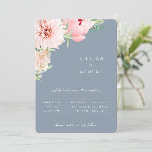 Botanischer Duft | Dusty Blue Wedding Einladung (Stehend Vorderseite)