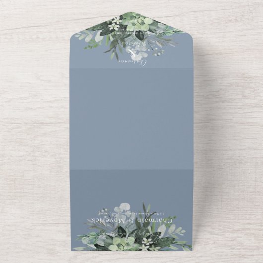 Botanischer Dusty Blue QR Code Hochzeit All In One Einladung (Außenbereich)