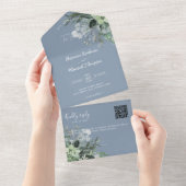 Botanischer Dusty Blue QR Code Hochzeit All In One Einladung (Abreißen)