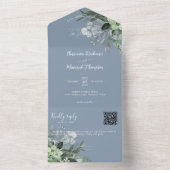 Botanischer Dusty Blue QR Code Hochzeit All In One Einladung (Innen Boden)