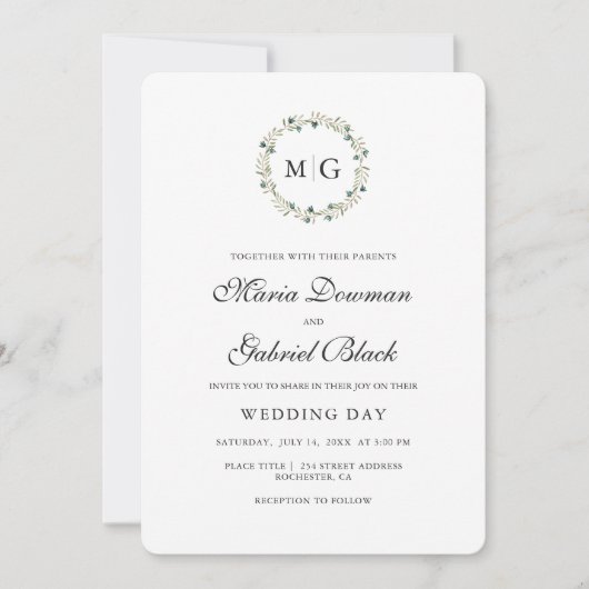 Botanischer einfacher Kranz. Monogramm. Elegante H Einladung (Vorderseite)