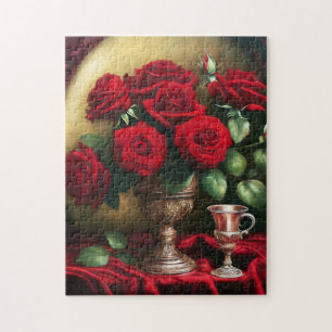 Botanischer Eleganter Blumenstrauß Rote Rosen Puzzle