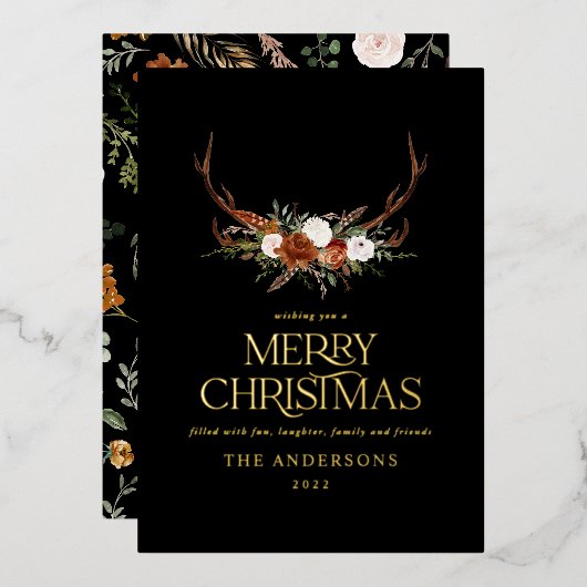 Botanischer, eleganter, schwarzer Terrakotta Folien Feiertagskarte (Vorderseite/Rückseite)