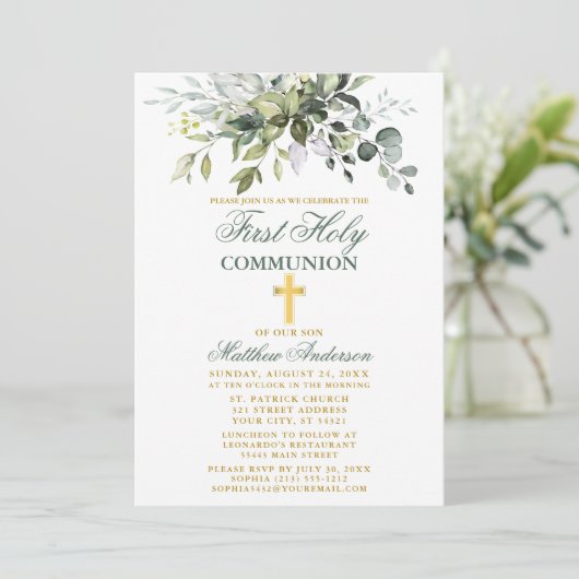 Botanischer Erste Kommune Gold Sage Green Einladung (Stehend Vorderseite)