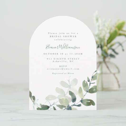 Botanischer Eukalyptus Boho Arch Form Brautparty Einladung (Stehend Vorderseite)