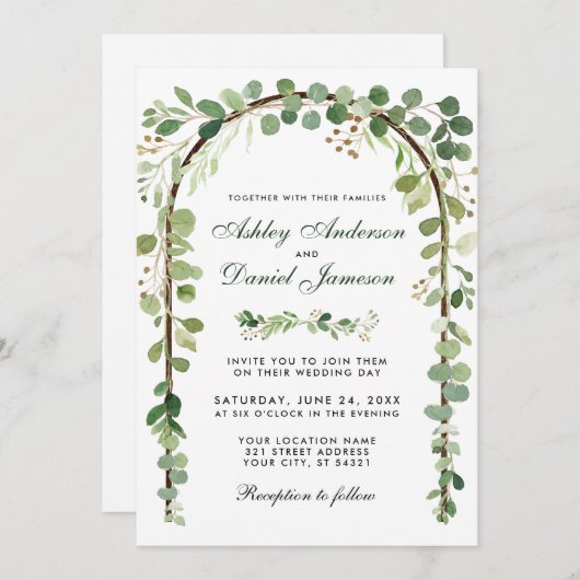 Botanischer Eukalyptus-Grüner Holzbogen W Einladung (Vorne/Hinten)