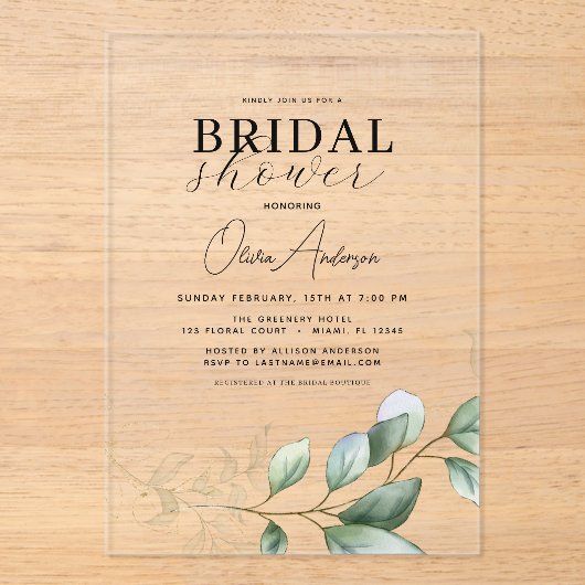 Botanischer Eukalyptus Modernes Brautparty Rustika Acryleinladungen (Vorderseite)