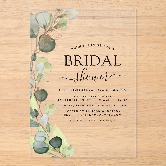 Botanischer Eukalyptus Modernes Brautparty Rustika Acryleinladungen (Vorderseite)