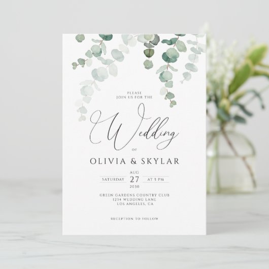 Botanischer Eukalyptus QR-Code bei einer Hochzeit Einladung (Stehend Vorderseite)