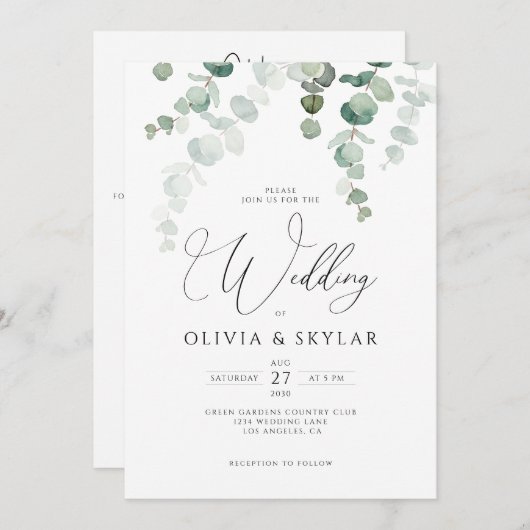 Botanischer Eukalyptus QR-Code bei einer Hochzeit Einladung (Vorne/Hinten)