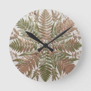 Botanischer Farn Grün Kupfer Gepresste Blätter Runde Wanduhr